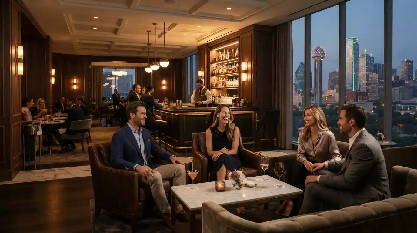 Upscale Dallas lifestyle club lounge with guests socializing in an elegant private setting