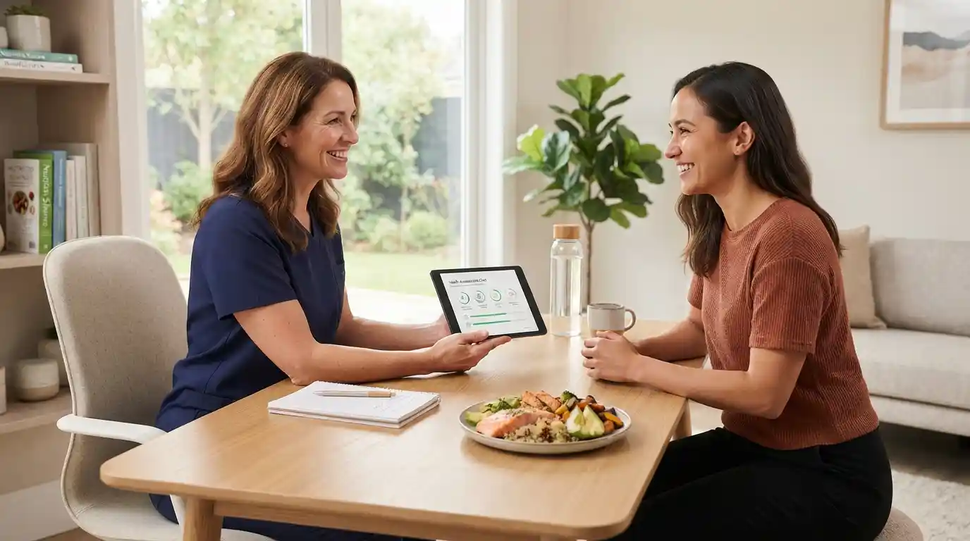 Healthcare professional discussing a personalized wellness plan with an adult client
