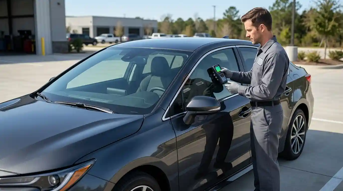 Automotive technician measuring a sedan's side window tint with a digital tint meter.
