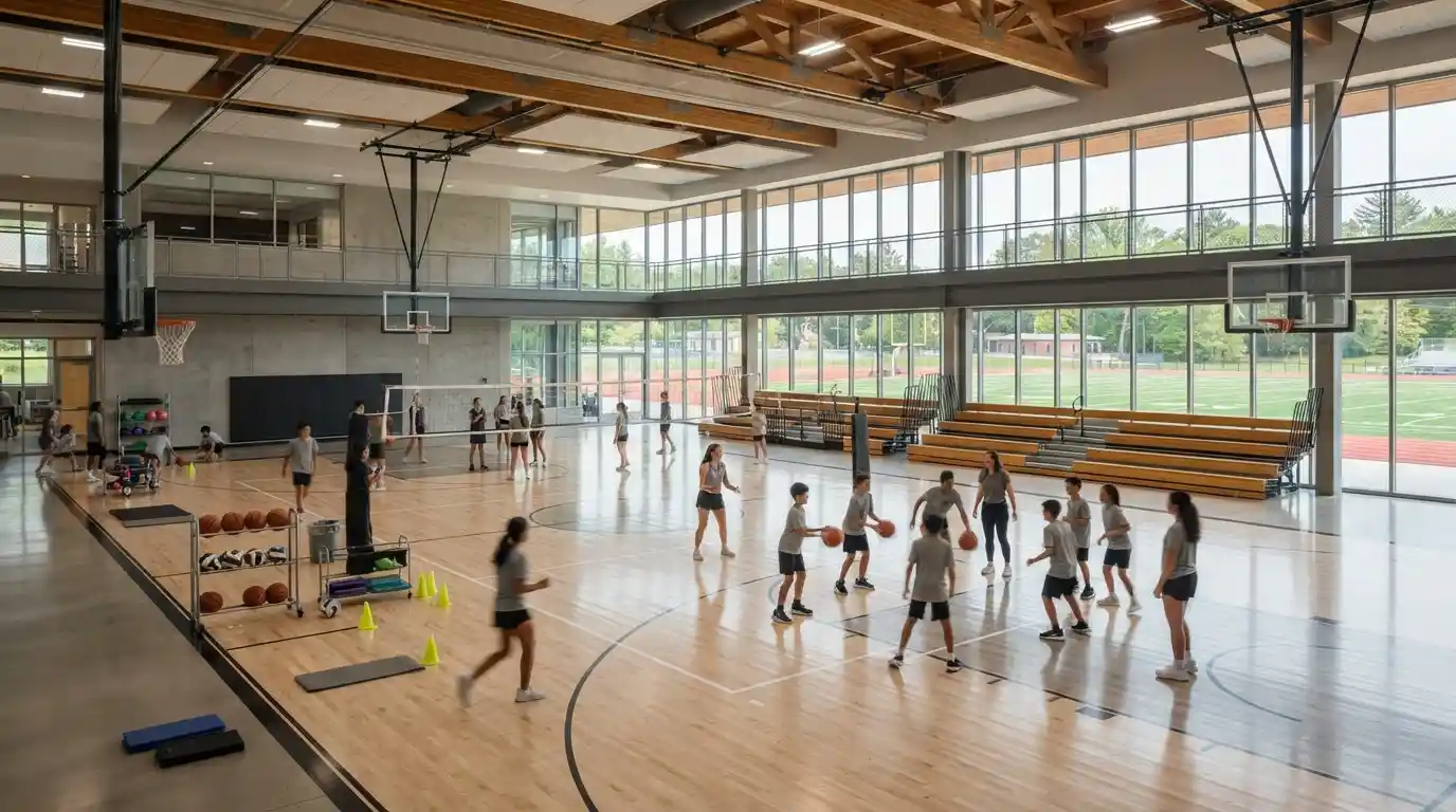 Modern school physical education complex with an indoor gymnasium, athletic court, students, and outdoor sports facilities.