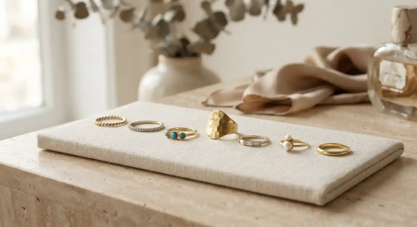 Elegant contemporary fashion rings arranged on a neutral jewelry display