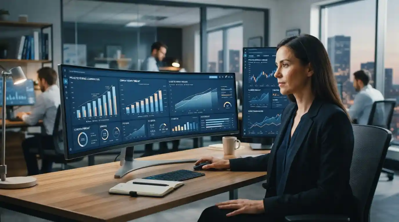 Financial analyst reviewing a 12-month forecast and valuation data on digital screens