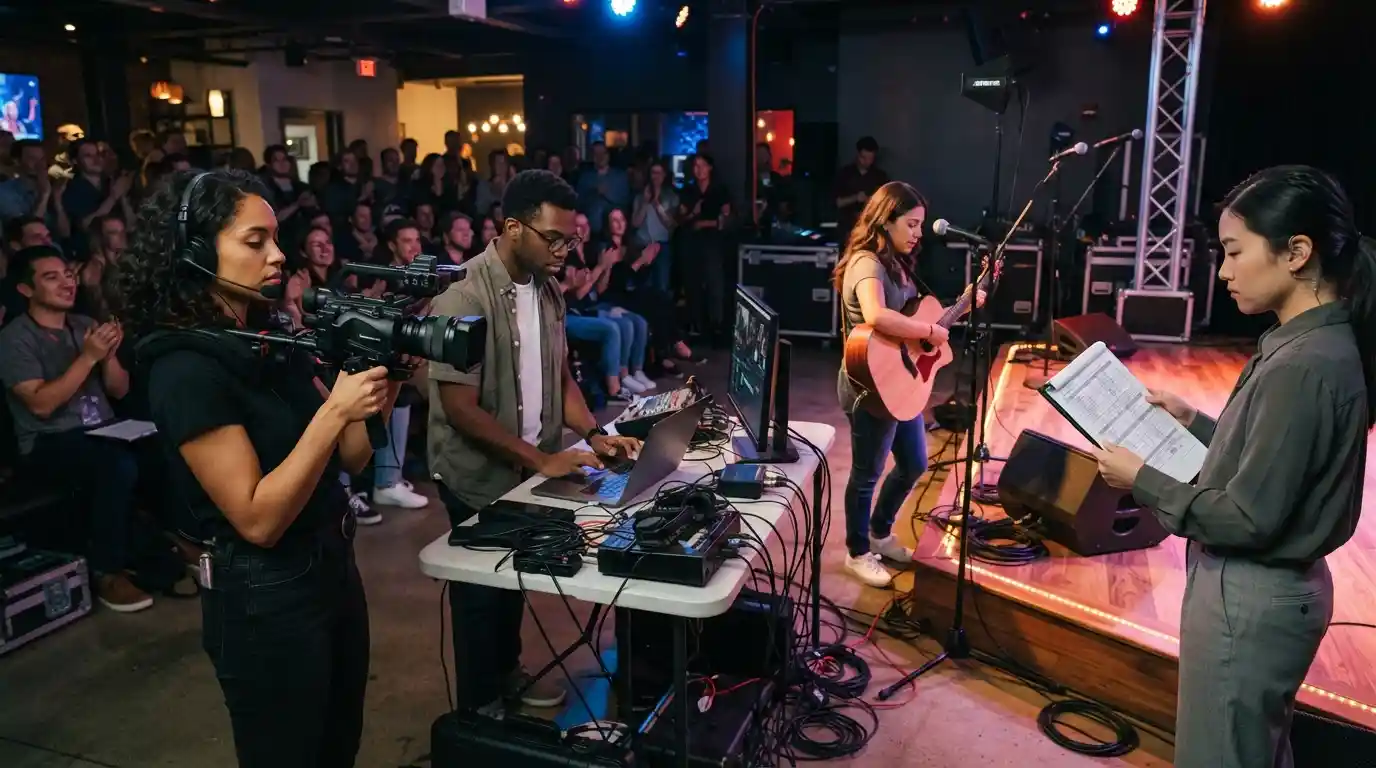 Entertainment professionals working on a part-time event production with video equipment, a laptop, and a small stage.