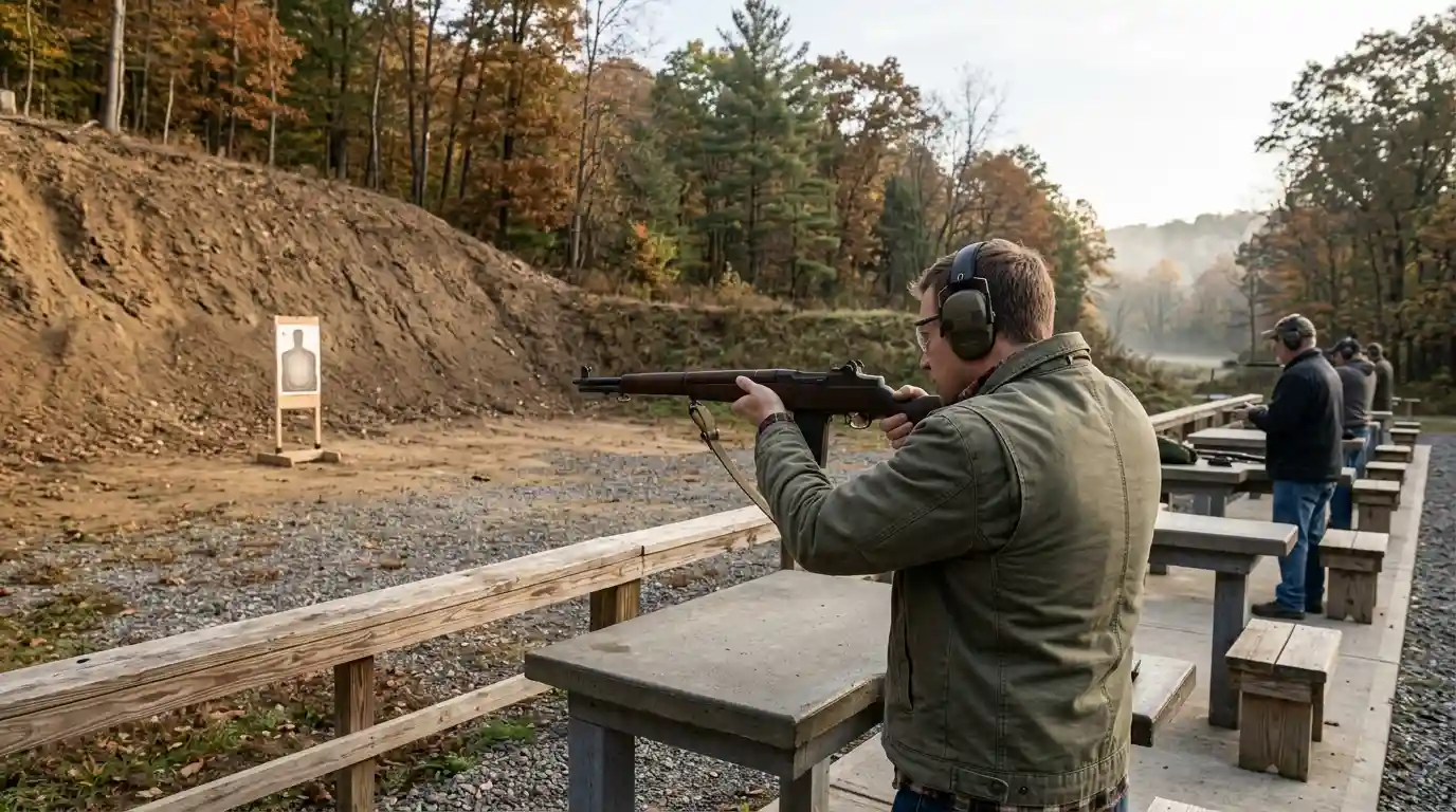 Adult shooter wearing protective equipment at a designated outdoor shooting range in a wooded setting.