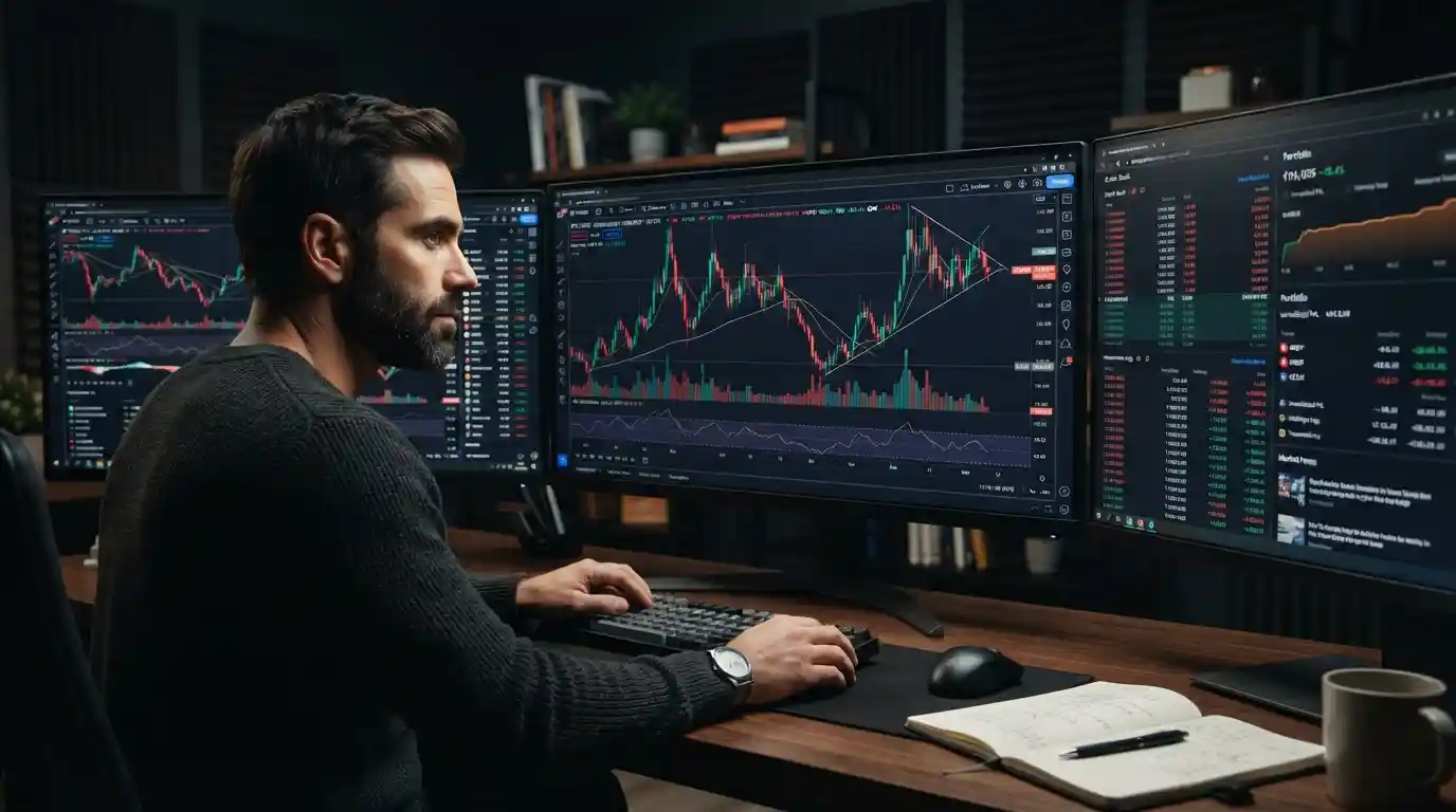 Investor analyzing volatile low-priced cryptocurrency markets on multiple trading screens