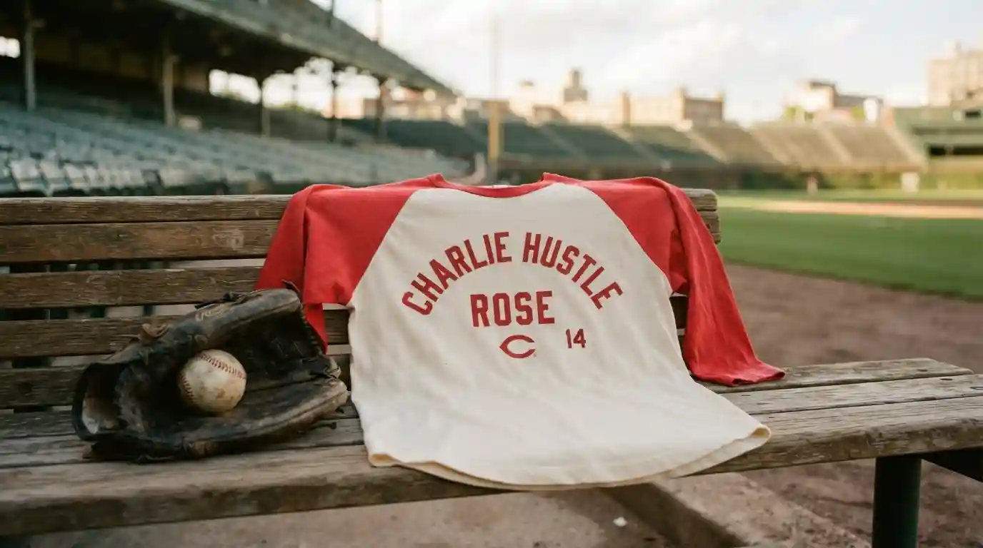 Vintage-inspired Pete Rose baseball T-shirt displayed with a glove and baseball in a stadium setting