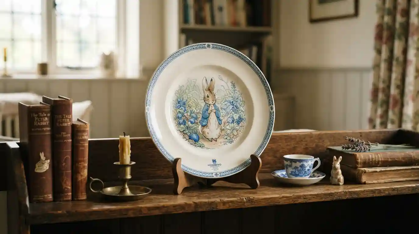 Decorative Peter Rabbit Wedgwood plate displayed on a wooden collector's shelf