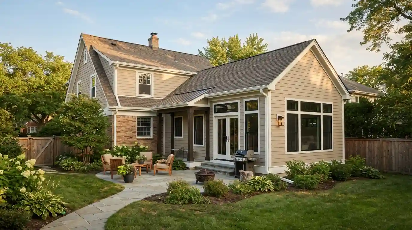 Modern American home with a professionally integrated residential addition and landscaped yard