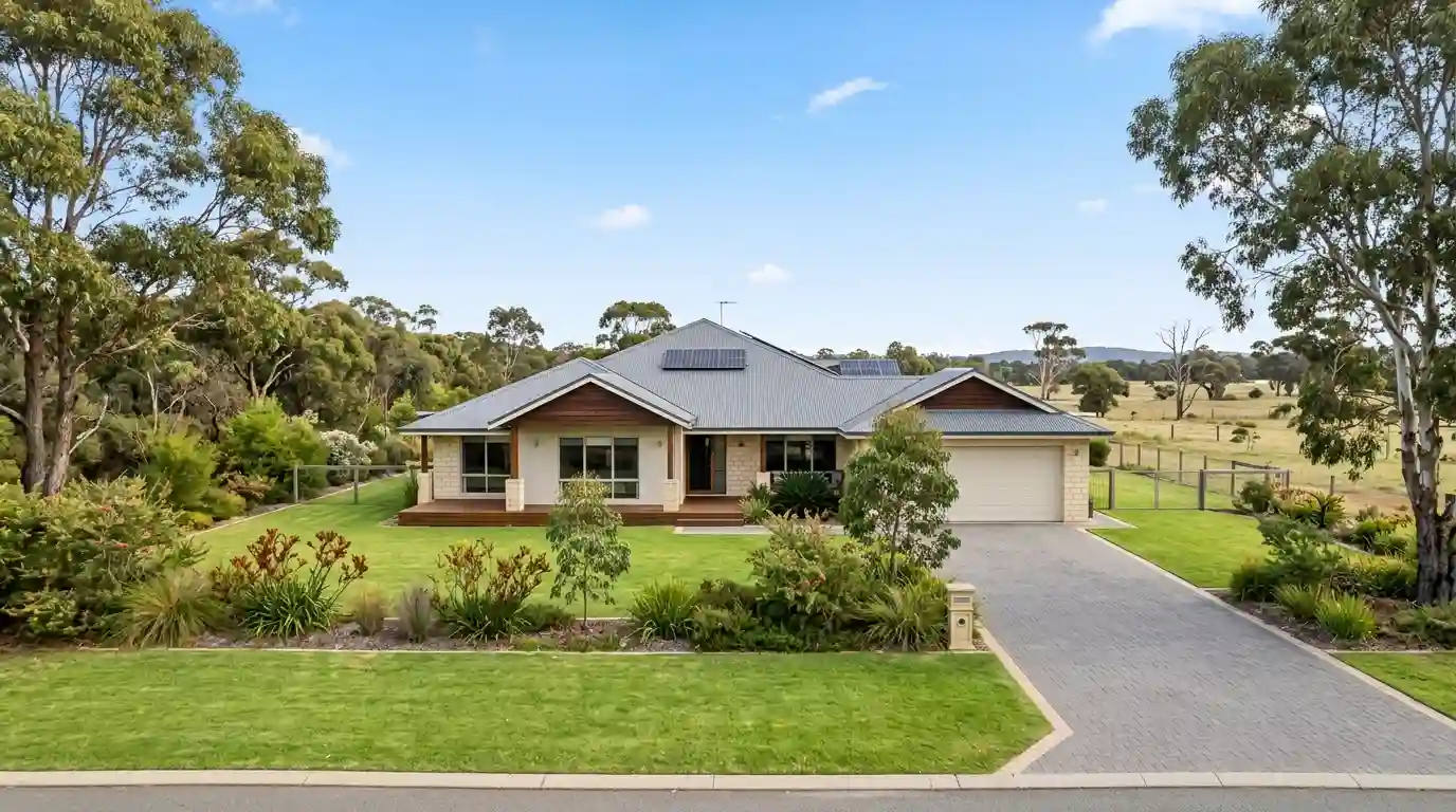 Detached Australian family home with a spacious lawn and mature trees in a semi-rural setting.