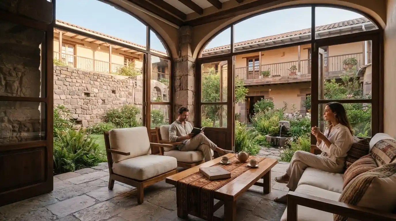 Serene luxury hotel setting representing a peaceful stay at Rumi Wasi Hotel