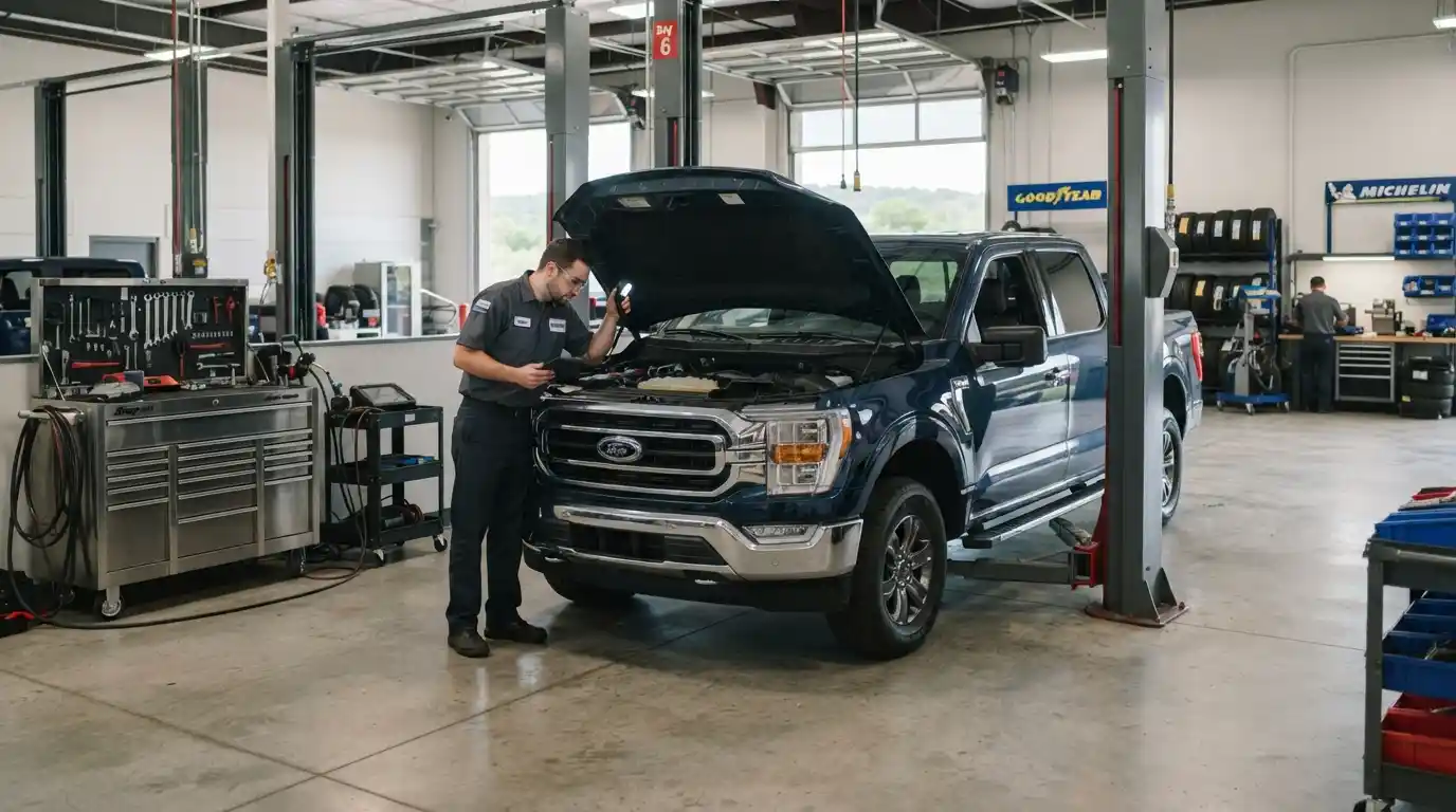 Technician inspecting a modern car inside a professional automotive service garage