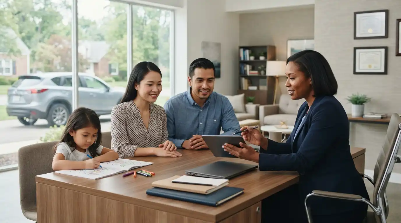 Insurance advisor discussing coverage options with a family in a modern office