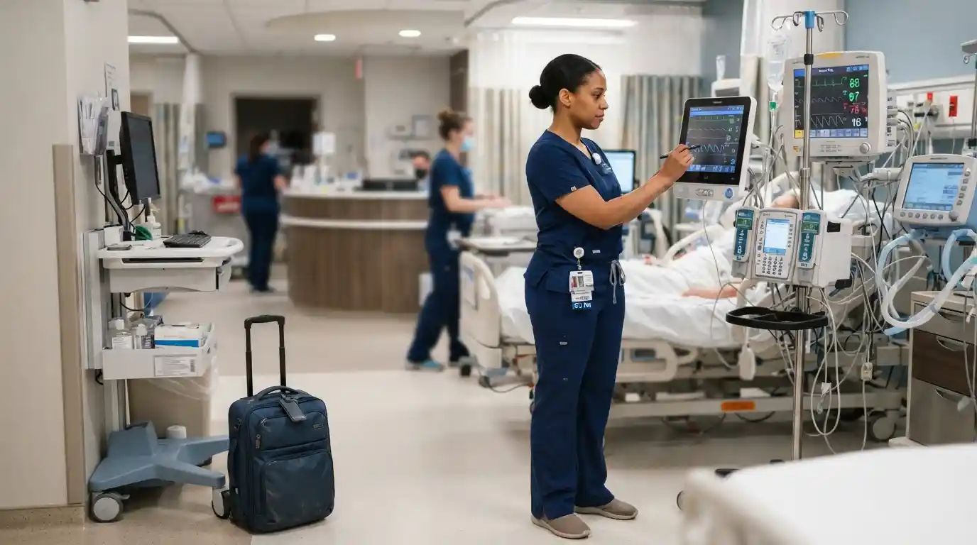 Registered nurse working beside patient monitoring equipment in a modern intensive care unit.
