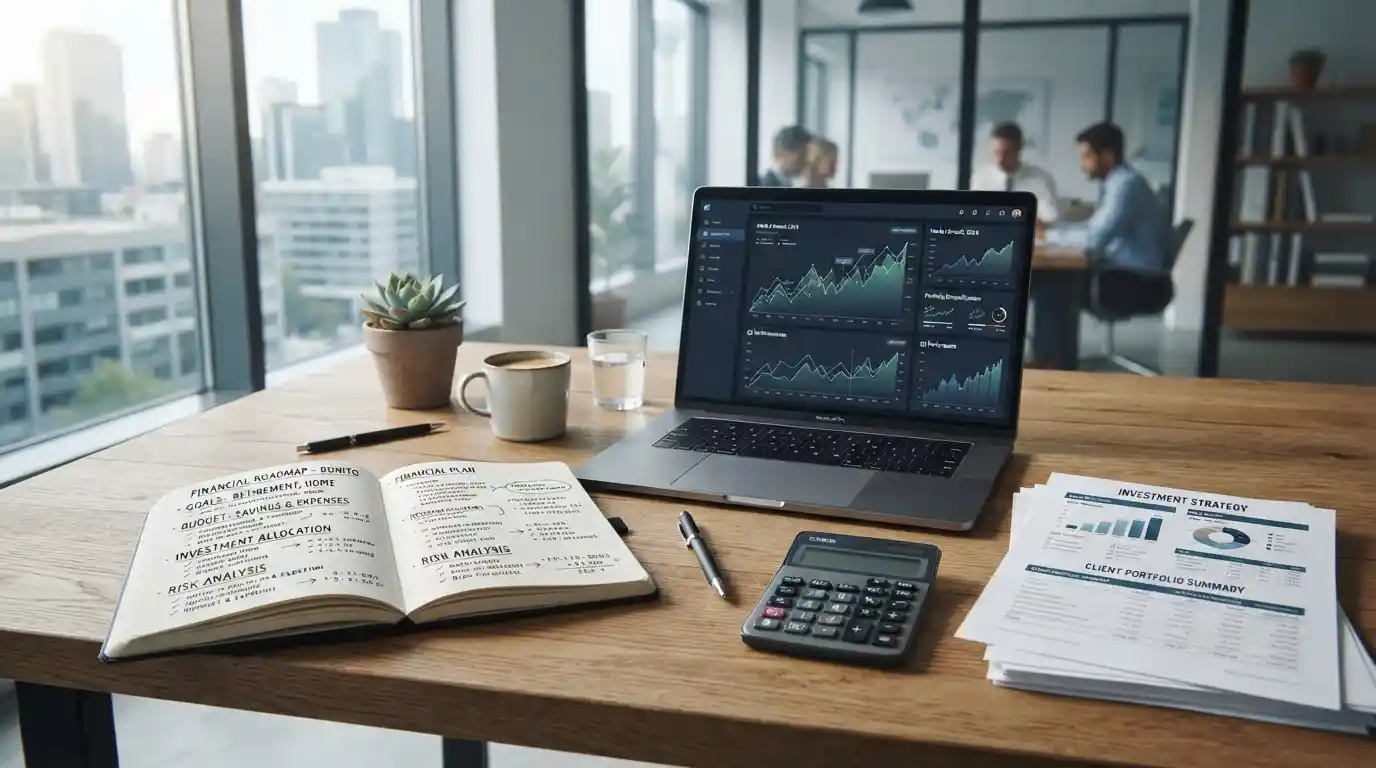 Modern financial planning workspace with investment charts, calculator, notebook, and financial documents