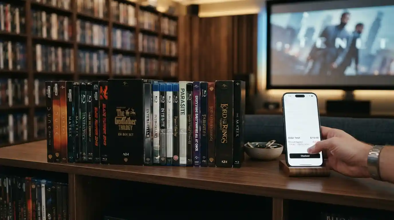 4K, Blu-ray, and movie collector editions arranged in a home entertainment room with a checkout device nearby