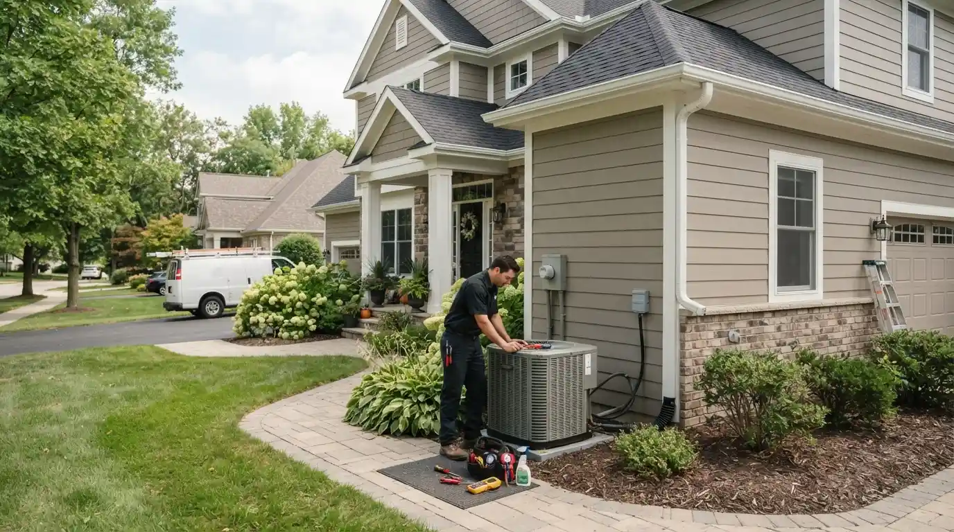 Professional home service technician maintaining a well-kept residential property