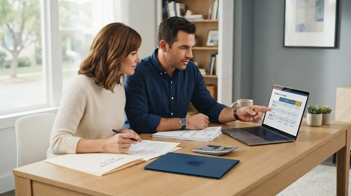 Couple reviewing insurance coverage and financial protection options at home