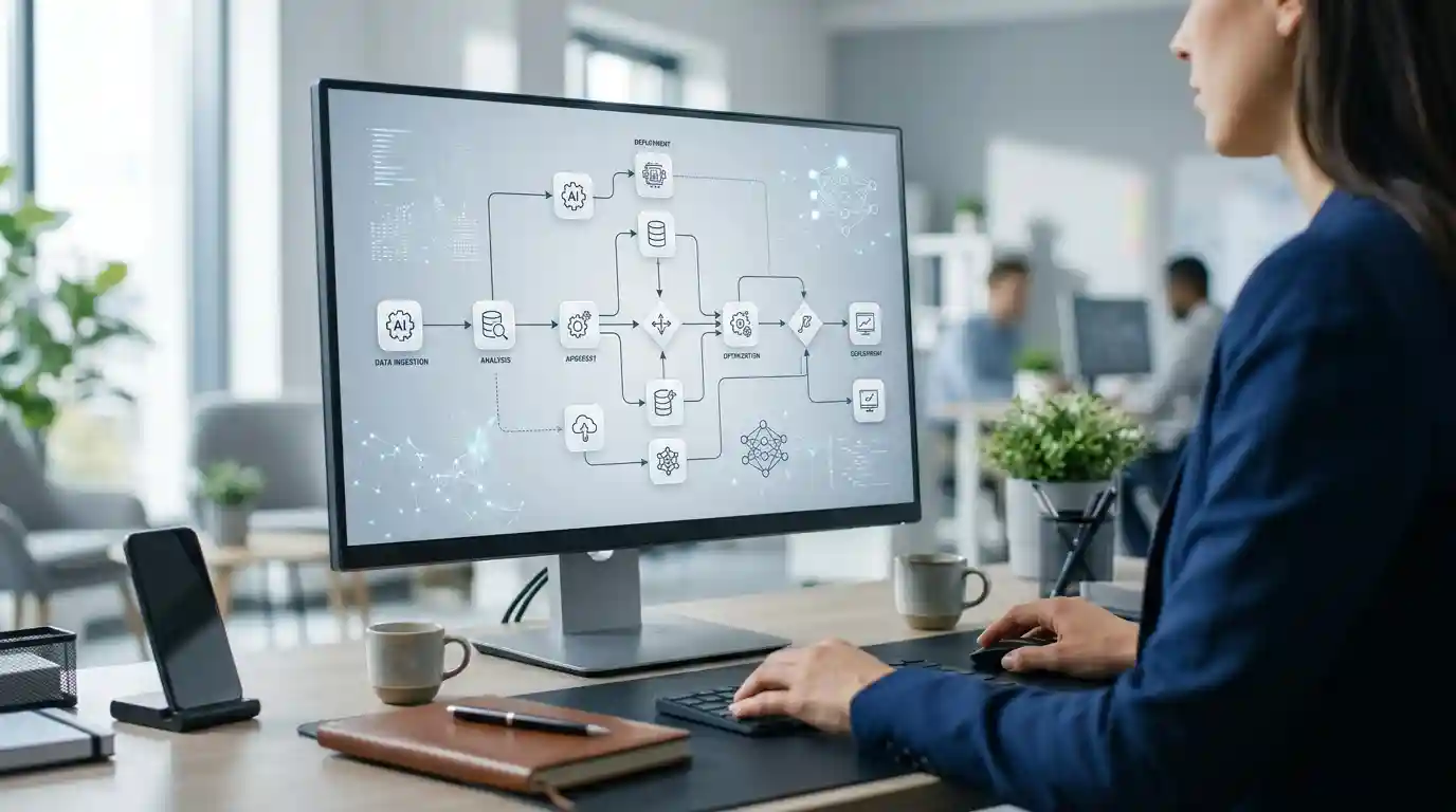 Business professional reviewing connected AI workflow stages on a desktop monitor.