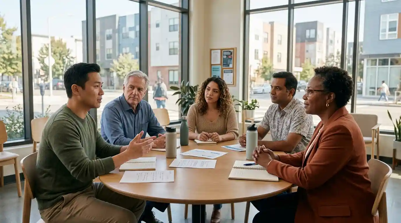 A diverse group of adults discussing ethical values and community responsibility around a table.