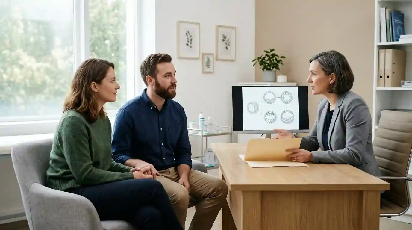 A couple discussing fertility treatment options with a specialist in a modern clinic.