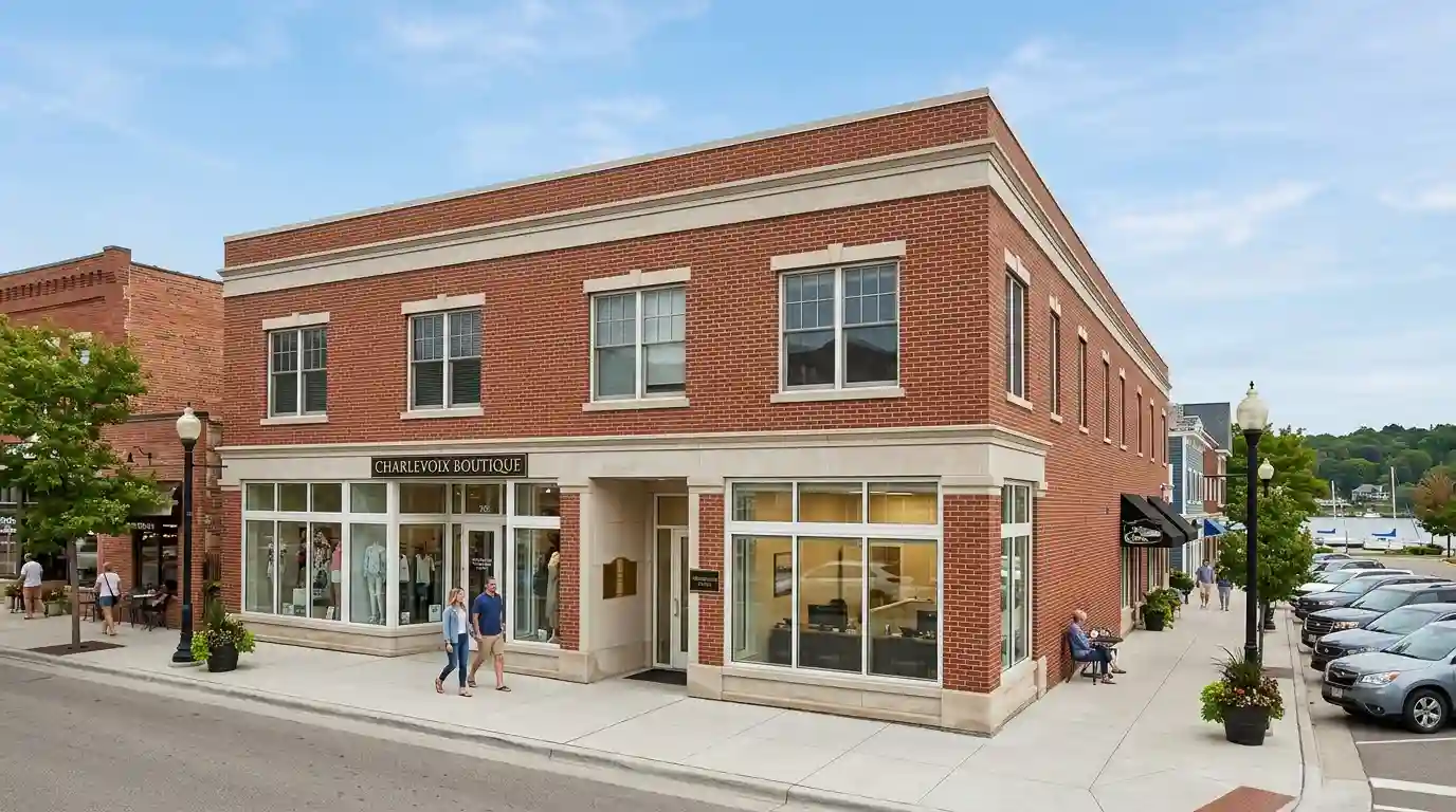 Commercial storefront property along a downtown street in a northern Michigan community.