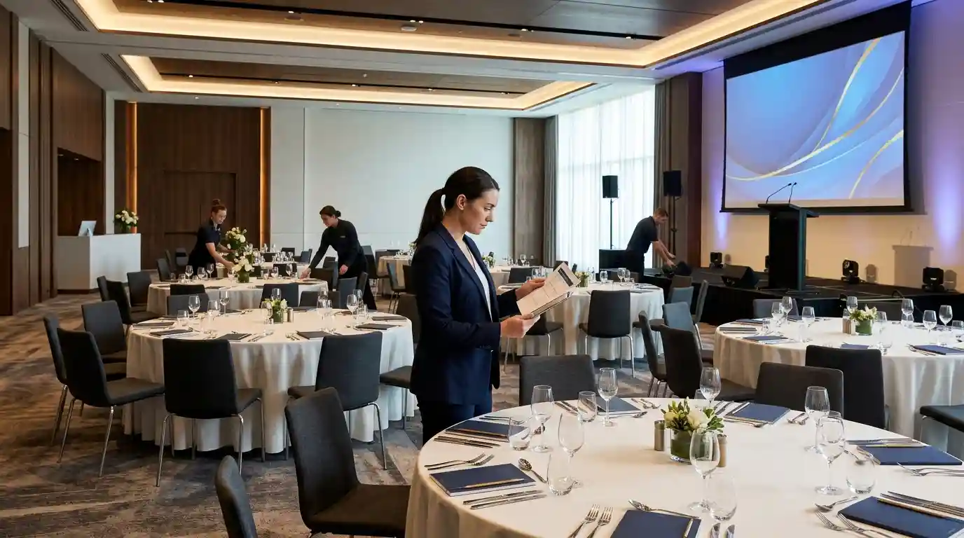 Event coordinator reviewing a schedule in a professionally arranged corporate conference venue.