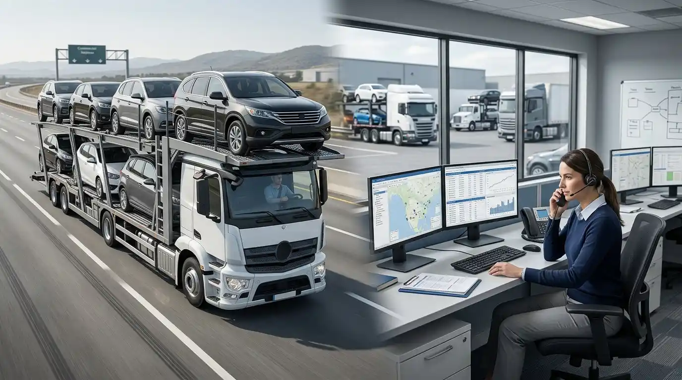A car transport truck beside a logistics coordinator managing vehicle shipment schedules.