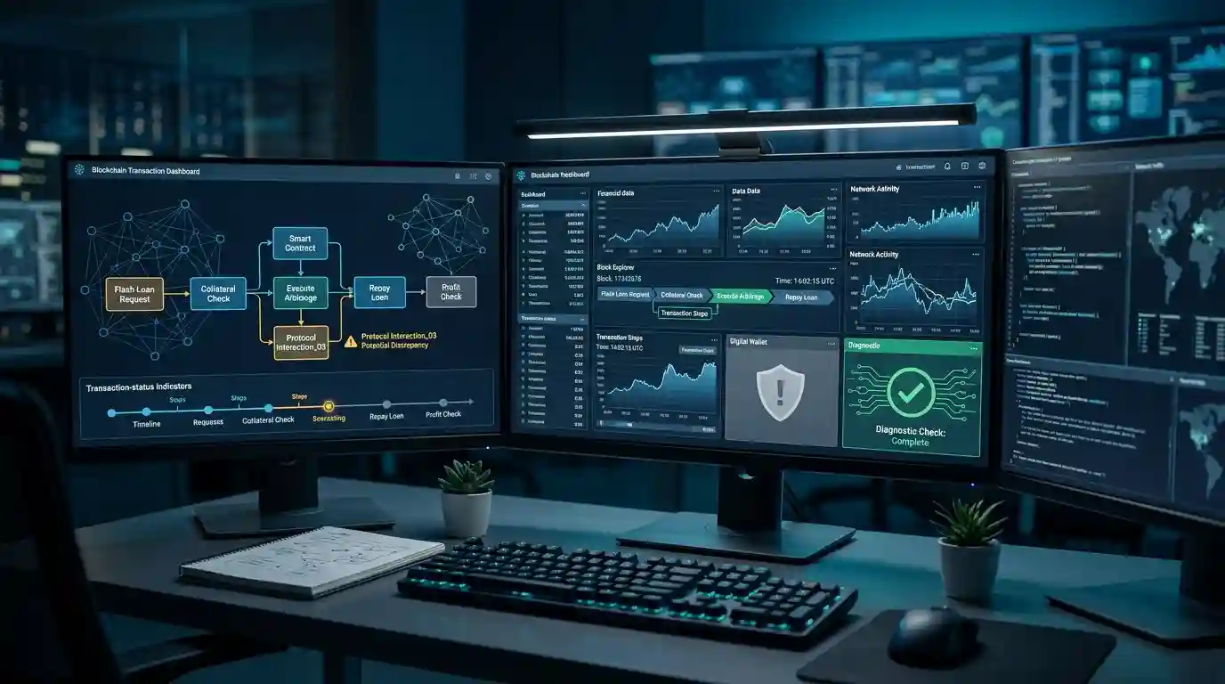 Computer workstation displaying a generic DeFi transaction dashboard and flash-loan troubleshooting indicators.