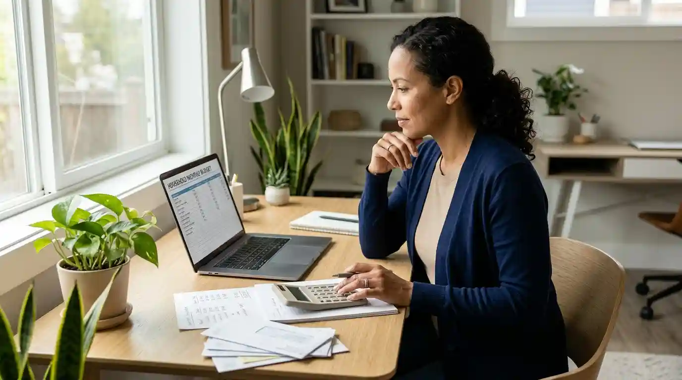 Adult reviewing a household budget and comparing monthly loan payments at a desk