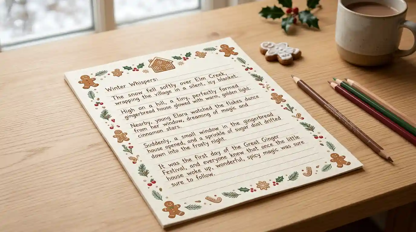Lined gingerbread-themed writing paper with festive illustrations, pencils, and a gingerbread cookie on a wooden desk.