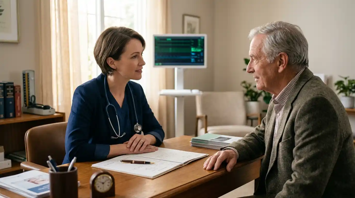 A physician listening attentively to an older patient during a medical consultation in a welcoming examination room.