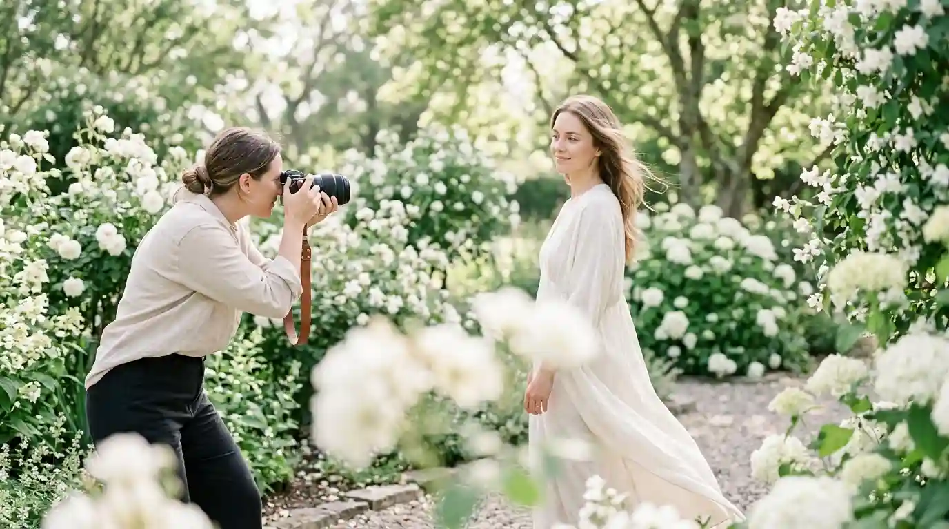 Woman in a light dress photographed in a sunlit garden with soft colours and gentle natural light.