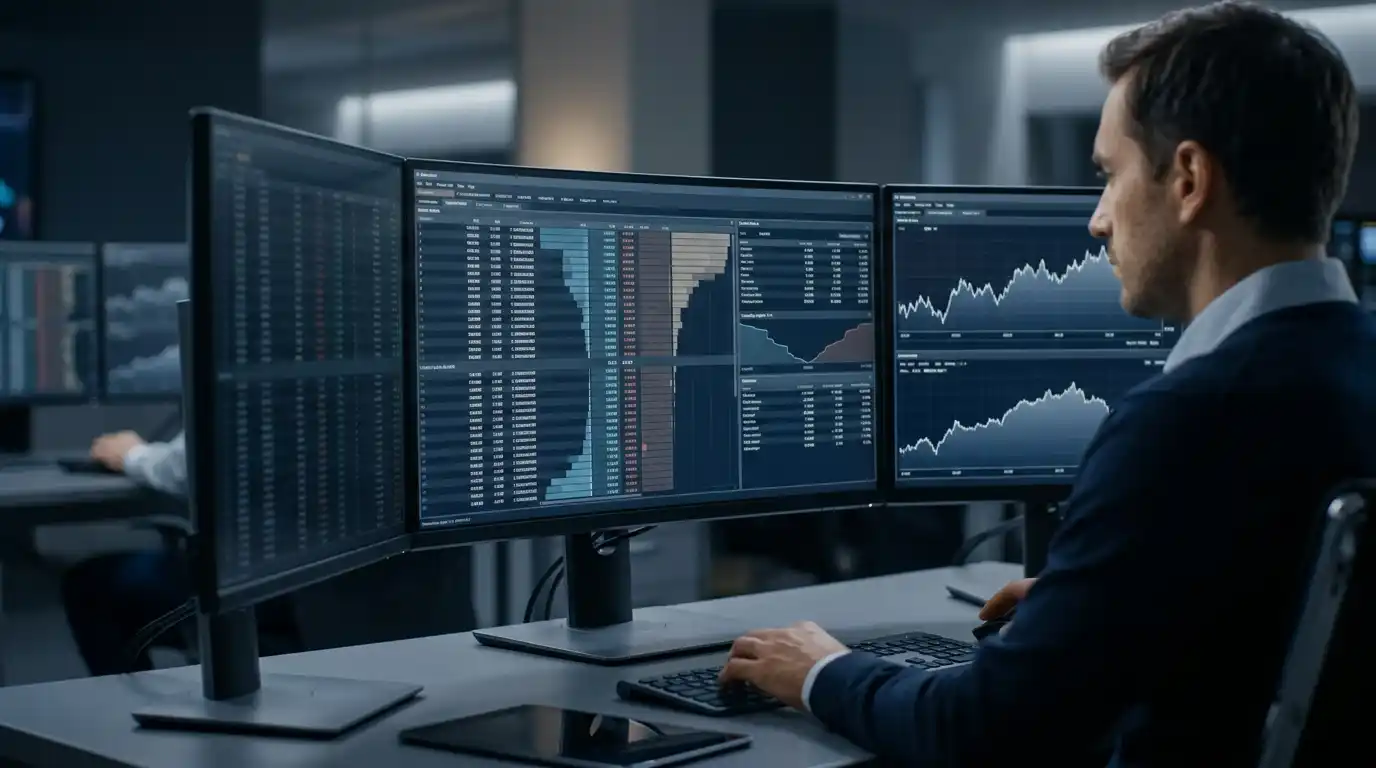 Institutional trader reviewing market depth and financial execution data on trading monitors.