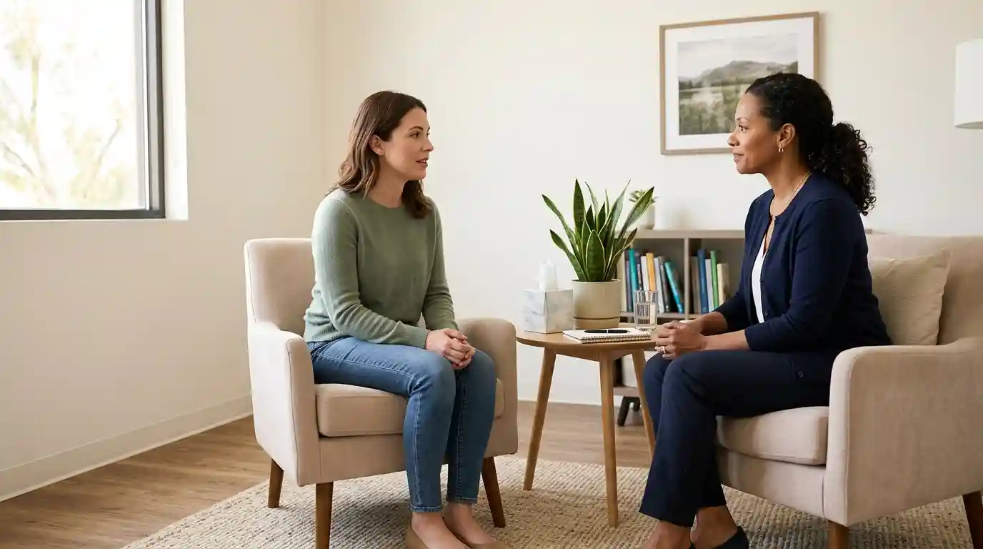 A mental health professional speaking with an adult patient in a comfortable counseling room.