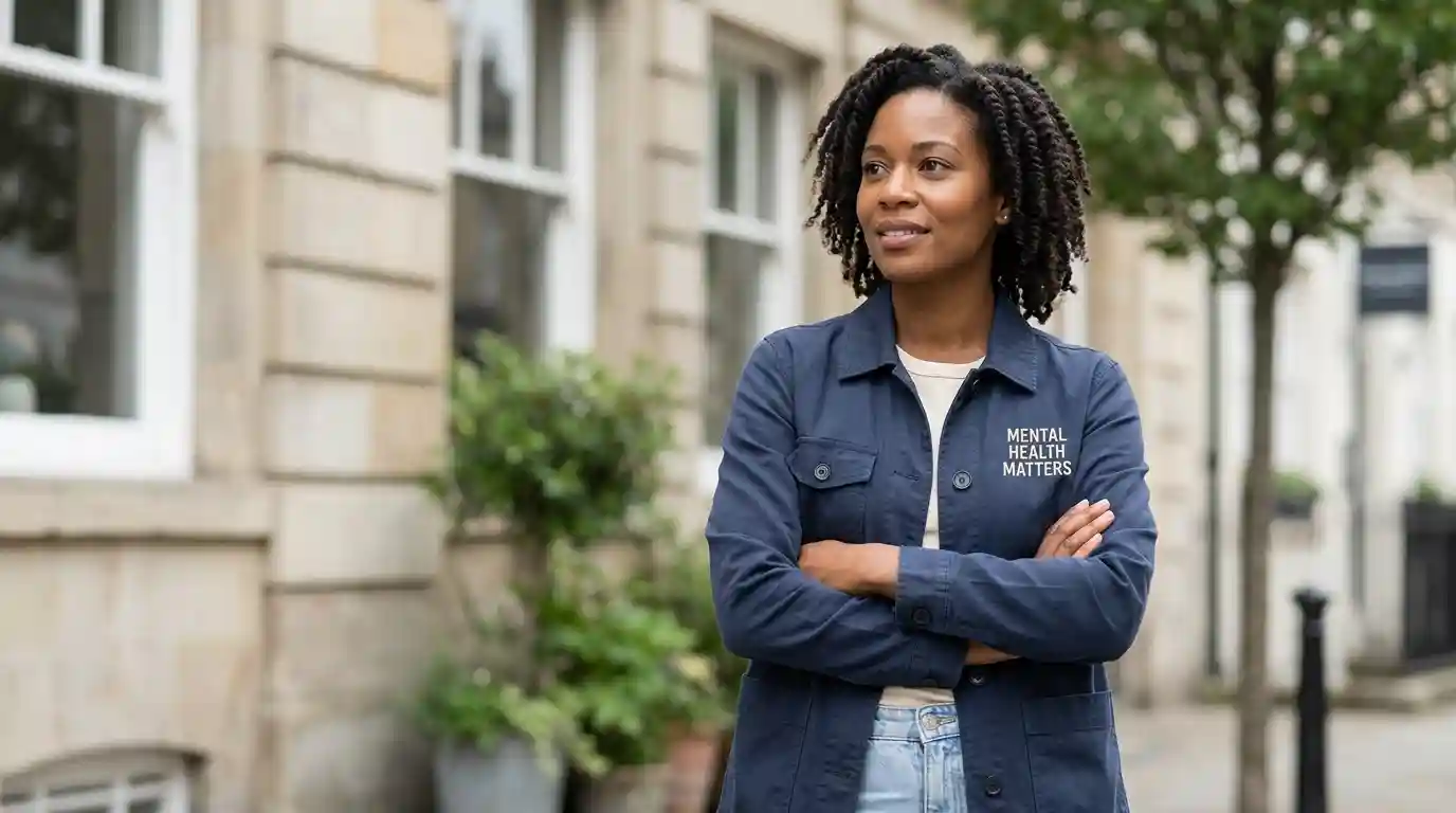 Adult wearing a navy Mental Health Matters jacket with an embroidered awareness message.