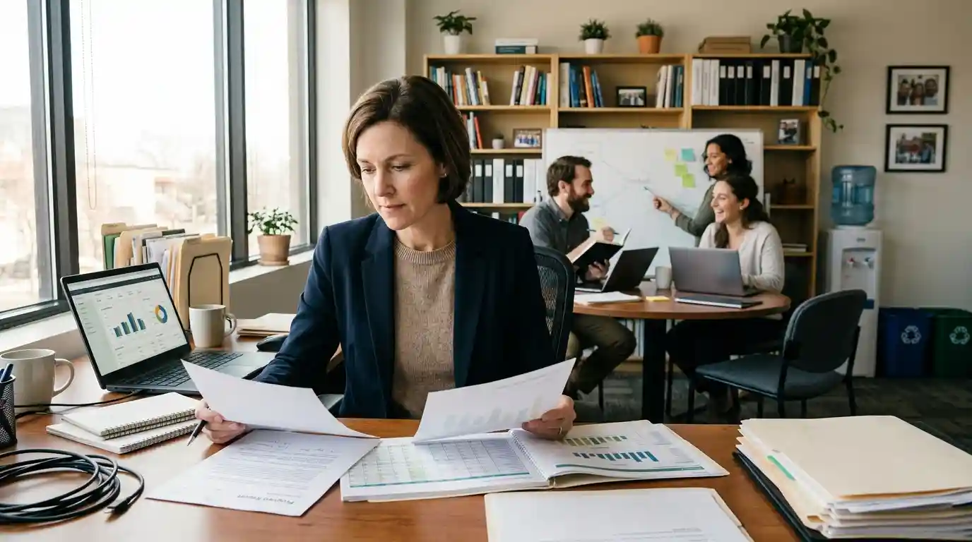 Nonprofit director reviewing financial reports and program plans at an office desk.