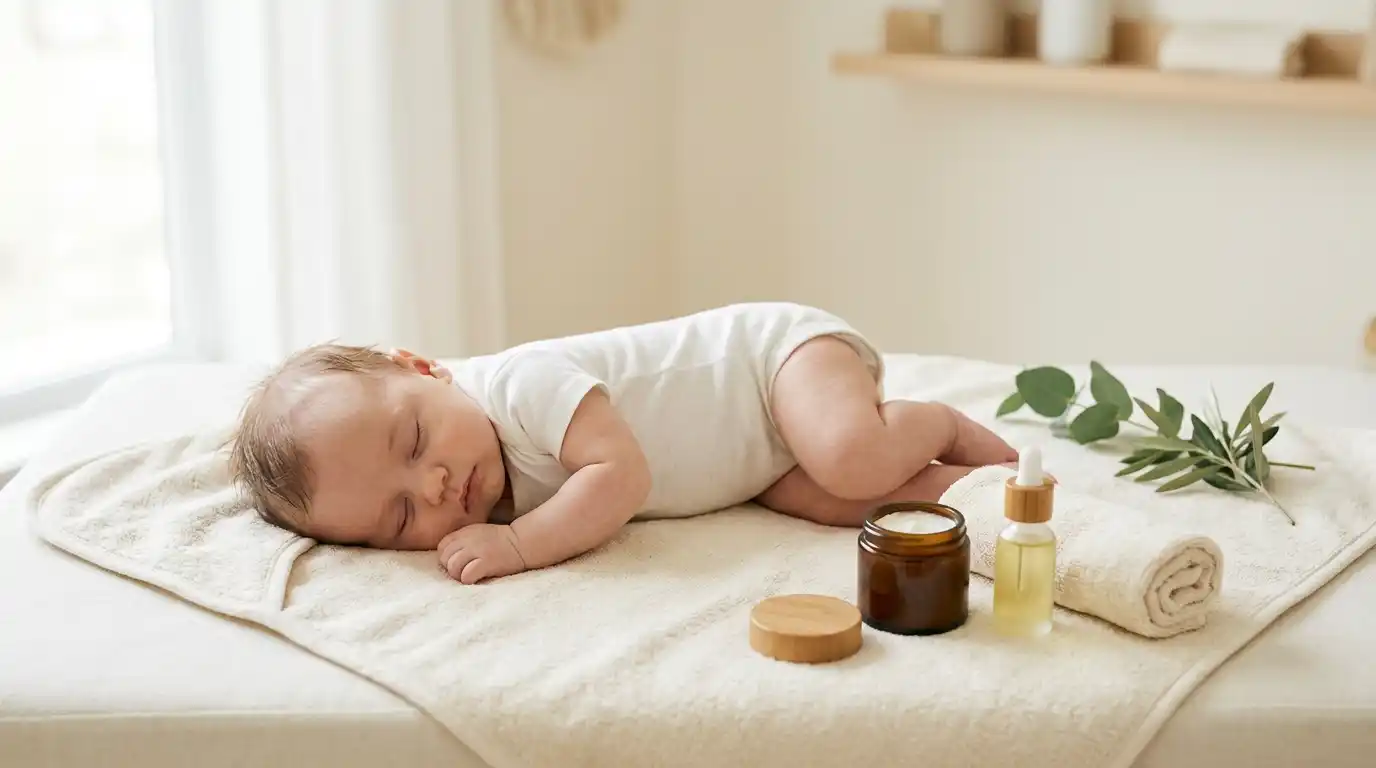Baby resting on a soft cotton towel beside gentle skincare products in a bright nursery.