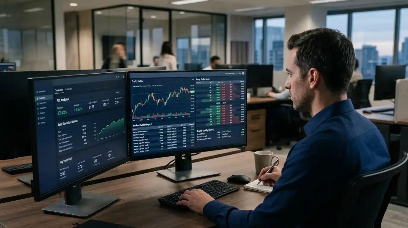 Trader reviewing financial charts, order-book depth, and execution metrics at a multi-monitor workstation.