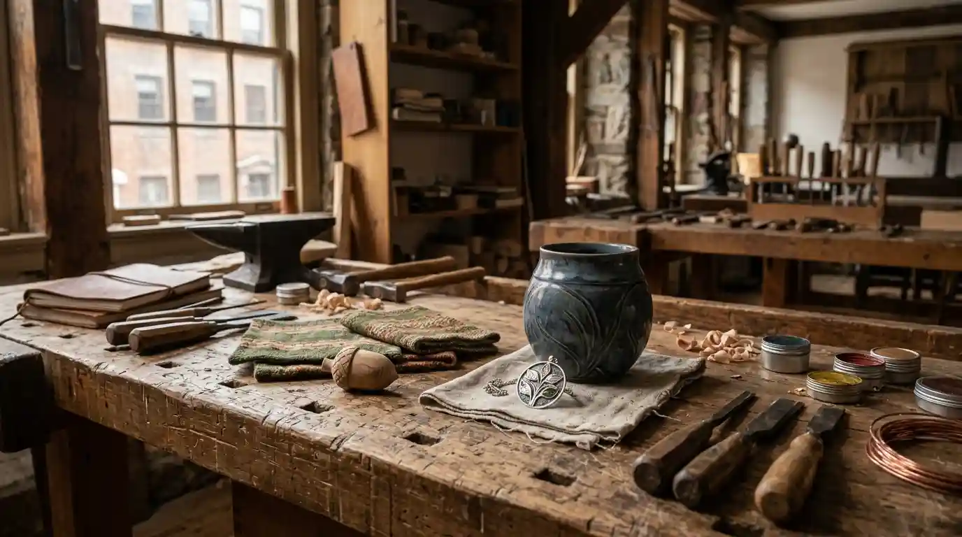Handcrafted ceramics, wooden carving, metal jewelry, and woven textiles arranged on an artisan's worktable.
