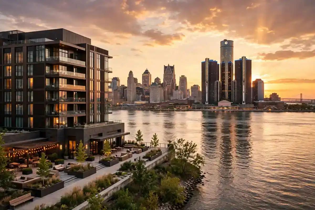 Best hotels in Detroit riverfront at sunset