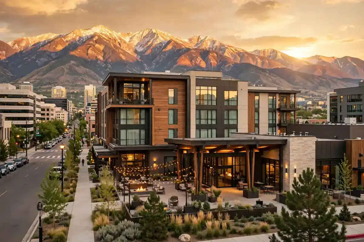 Best hotels in Salt Lake City with Wasatch mountains at golden hour