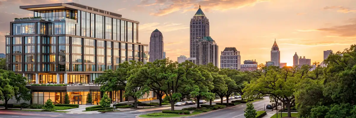 Best hotels in Atlanta – Midtown skyline at golden hour with a luxury glass hotel tower