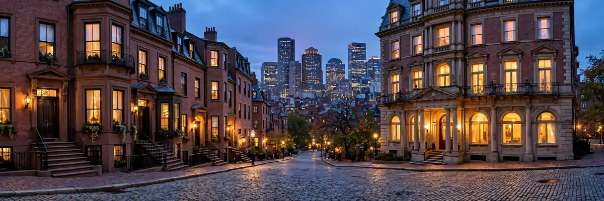 Best hotels in Boston – historic brownstone street with grand hotel facade at dusk