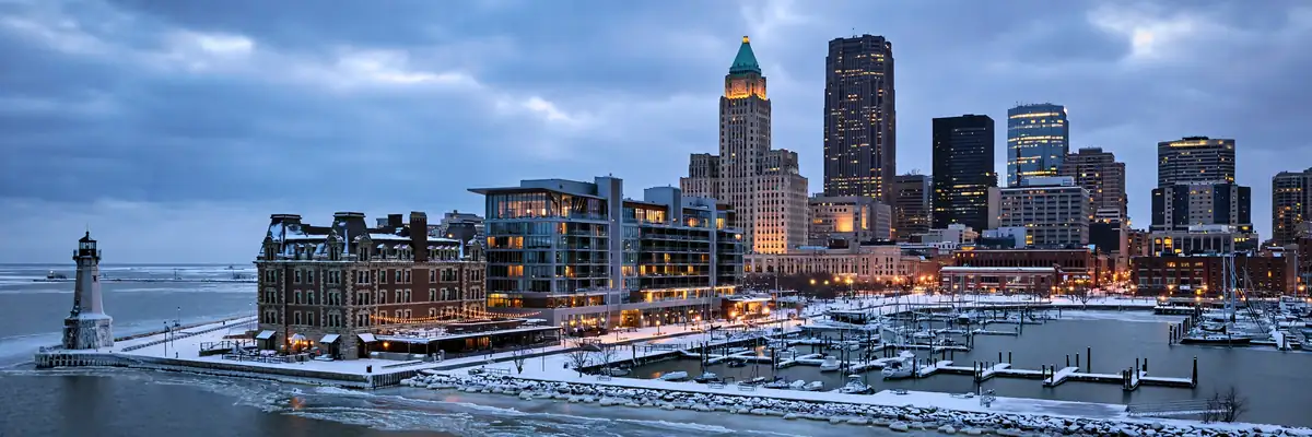 Best hotels in Buffalo downtown skyline and Lake Erie waterfront in evening light