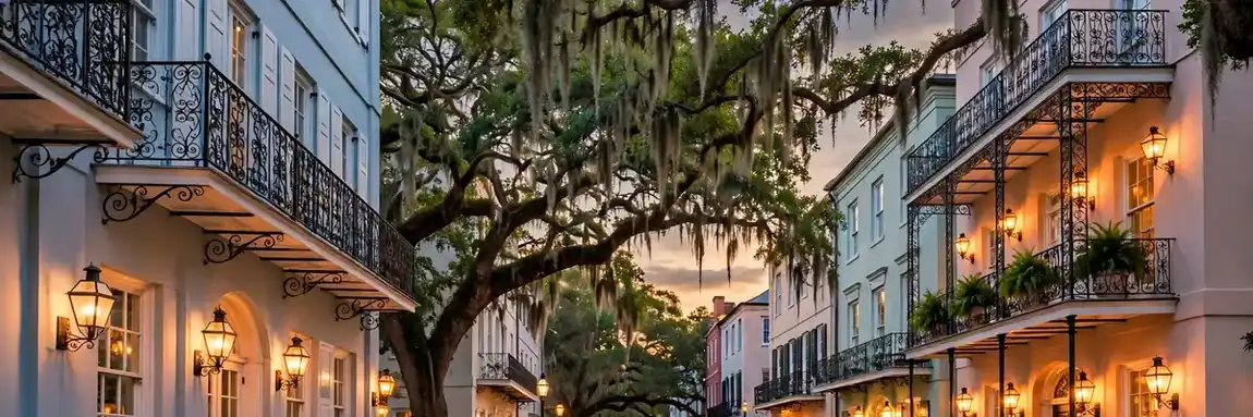 Best hotels in Charleston – historic pastel boutique hotel facades with wrought-iron balconies at dusk