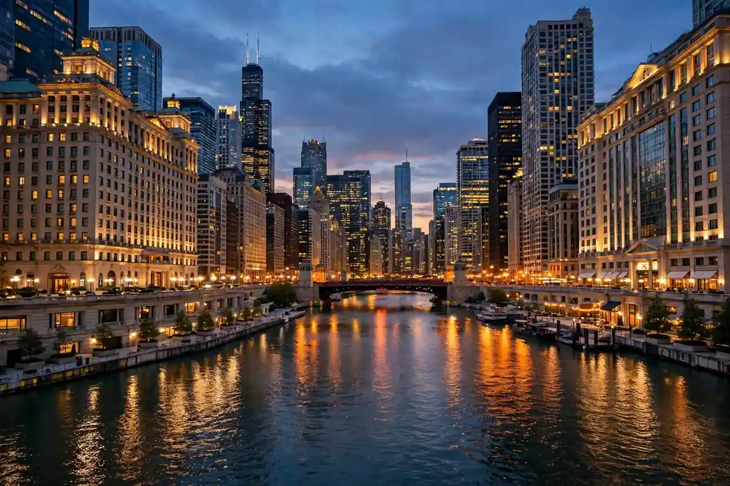 Downtown Chicago skyline and riverwalk hotels at dusk along the Chicago River