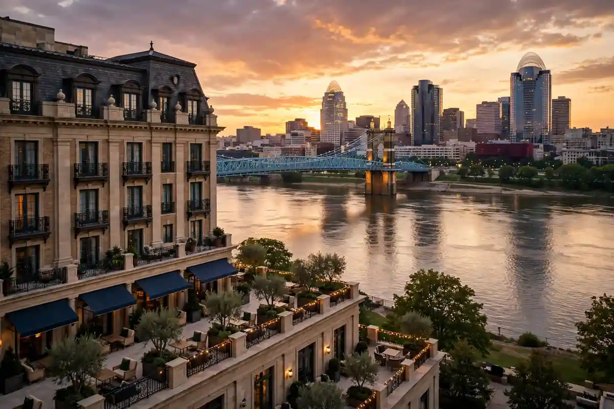Best hotels in Cincinnati downtown skyline over the Ohio River at sunset