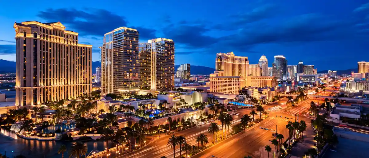 Best hotels in Las Vegas – glowing Strip resort towers at dusk