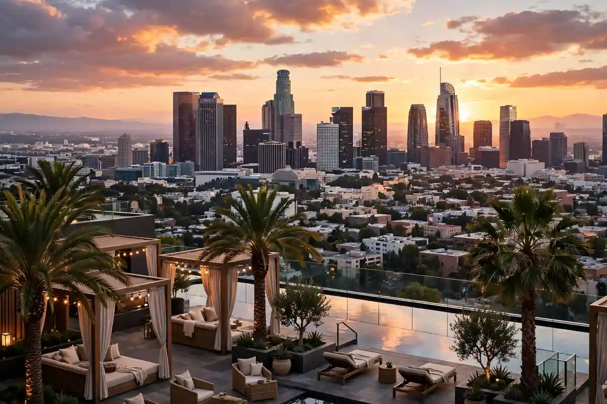 Best hotels in Los Angeles – downtown LA skyline at sunset with luxury hotel rooftops