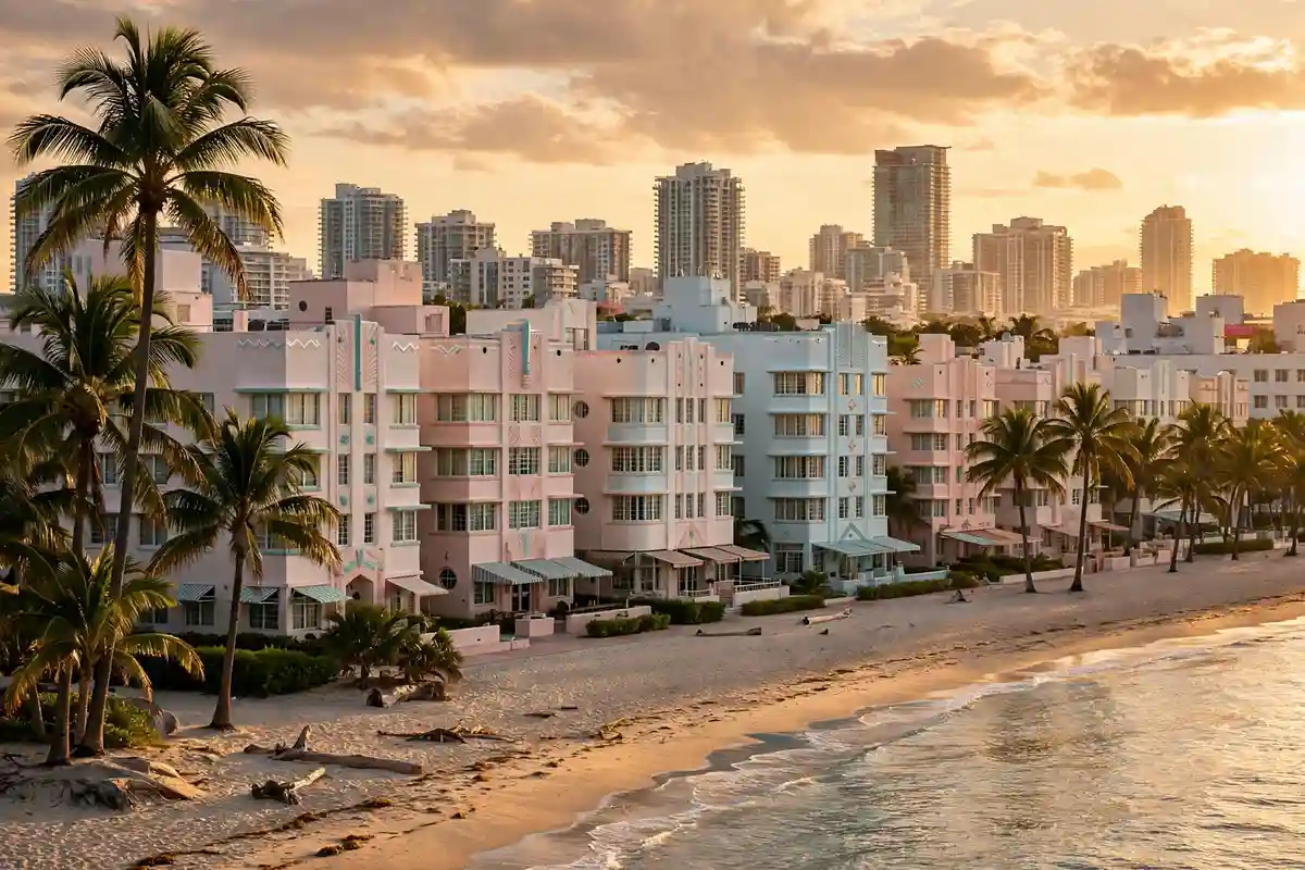 Best hotels in Miami – art-deco oceanfront hotels on Miami Beach at golden hour